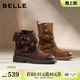 百丽复古厚底棕色西部堆堆靴女冬季 牛仔短筒靴子E7Z1DDZ5 新款