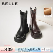 百丽复古加绒弹力靴女冬季 厚底粗跟显瘦瘦靴短靴子E5E1DDZ5 新款