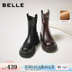 百丽复古加绒弹力靴女冬季 厚底粗跟显瘦瘦靴短靴子E5E1DDZ5 新款