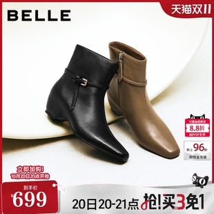 百丽柔软羊皮时装靴高跟女靴2026冬季新款真皮内增高短靴G4Q1DDD6