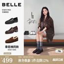 章若楠同款百丽海鸥褶皱乐福单鞋女26新款粗高跟黑色豆豆牛皮鞋子