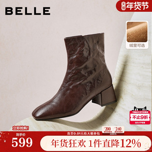 百丽超软羊皮加绒时装靴冬季新款显瘦粗高跟防滑短靴子F2Q1DDZ5