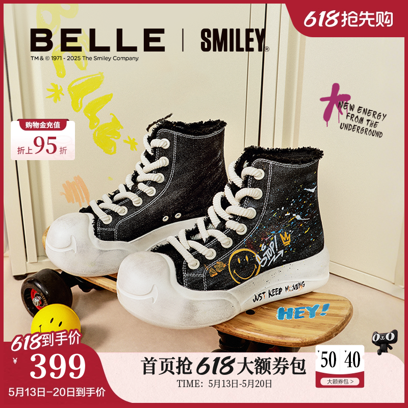 百丽SMILEY联名流浪玩家高帮帆布鞋子面包板鞋3ZJC5C