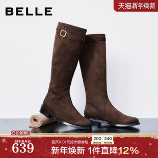 百丽显瘦瘦靴绒面弹力骑士长筒靴子女25冬新款 粗跟高长靴3QFF2DG5