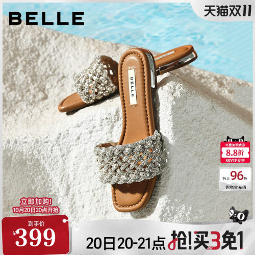 百丽女鞋满钻一字拖26夏季商场新款可外穿休闲沙滩凉拖鞋F5C1DB