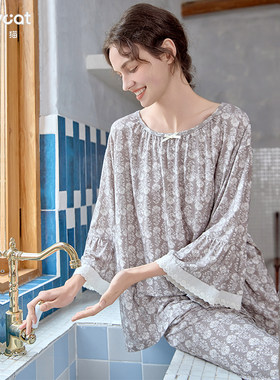 威奇猫莫代尔夏季女童家居服家居裙睡裙睡衣套装姐妹装云雾花丛