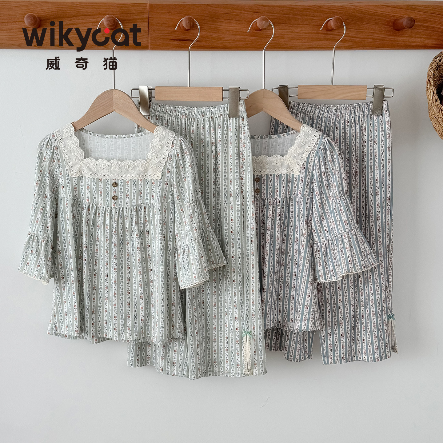 26新品威奇猫女童兰精莫代尔薄款中袖家居服套装亲子装花若