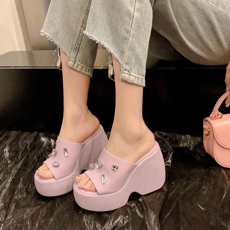 时尚外穿水钻露趾厚底坡跟凉拖鞋女2023夏季新款真皮超高跟一字拖,女鞋,一字拖,淘宝优惠券,粉丝福利购,淘宝优惠卷