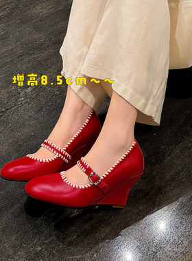 红色坡跟玛丽珍鞋女2026早秋