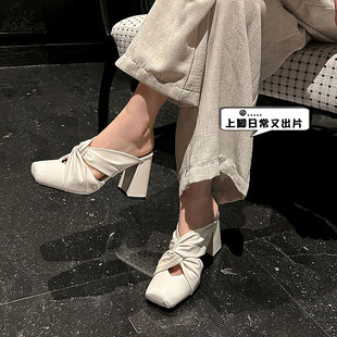 真皮OL通勤方头一脚蹬高跟穆勒鞋 新款 子 女2025秋季 包头粗跟半拖鞋