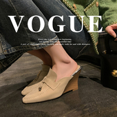 女小方头木纹跟外穿高跟穆勒鞋 复古包头坡跟半拖鞋 子 新款 春季