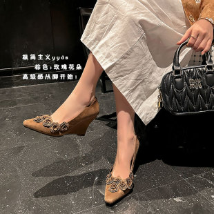 磨砂真皮浅口小个子高跟鞋 职业气质坡跟单鞋 新款 2025秋季 潮 女士鞋