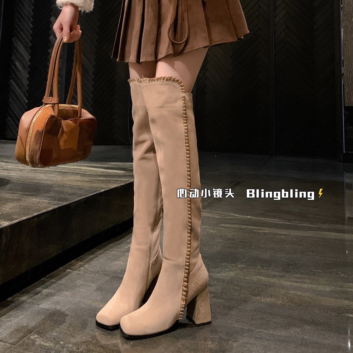 粗跟过膝长靴女时装靴2025冬季新款磨砂方头保暖加绒超高跟高筒靴,女鞋,骑士靴,淘宝优惠券,粉丝福利购,淘宝优惠卷
