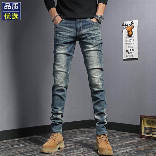 春季潮牌美式高端机车复古牛仔裤男修身弹力直筒潮流韩版春秋长裤