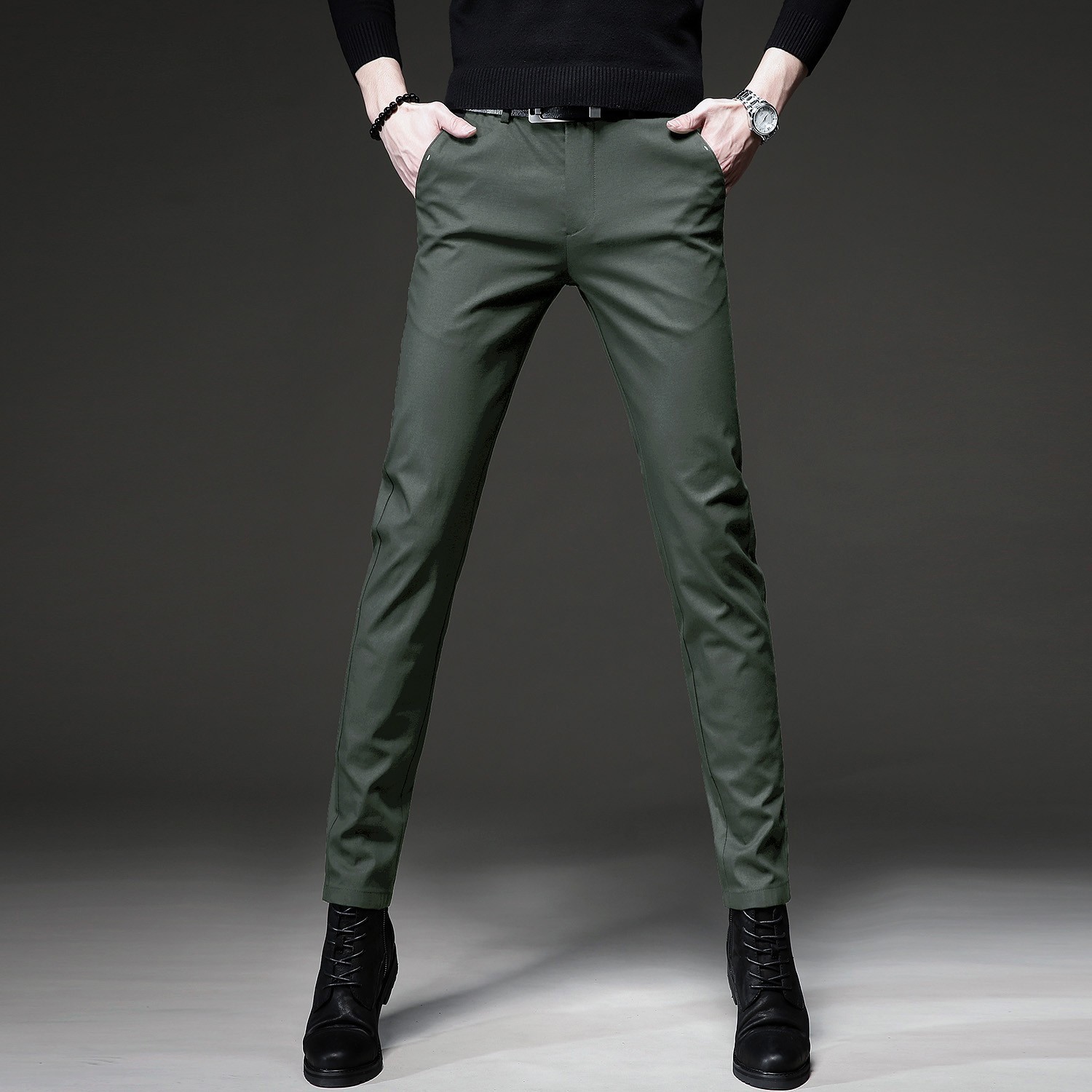 高端军绿修身男休闲西裤