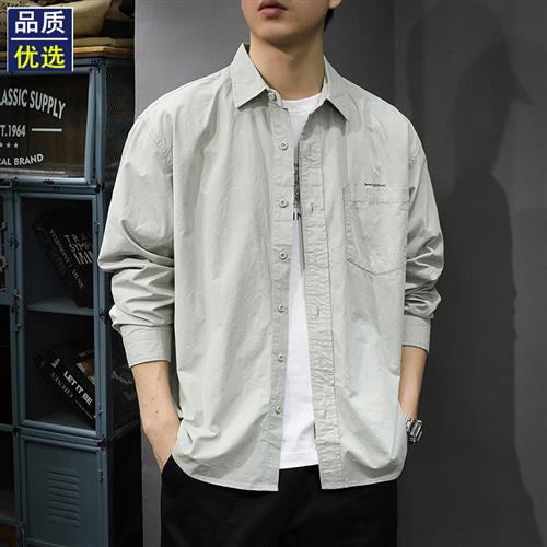 2025春季简约纯色工装长袖衬衫男美式复古重磅水洗纯棉衬衣外套潮