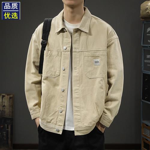 美式潮牌印花男士工装夹克宽松大码春季纯棉复古水洗休闲翻领外套