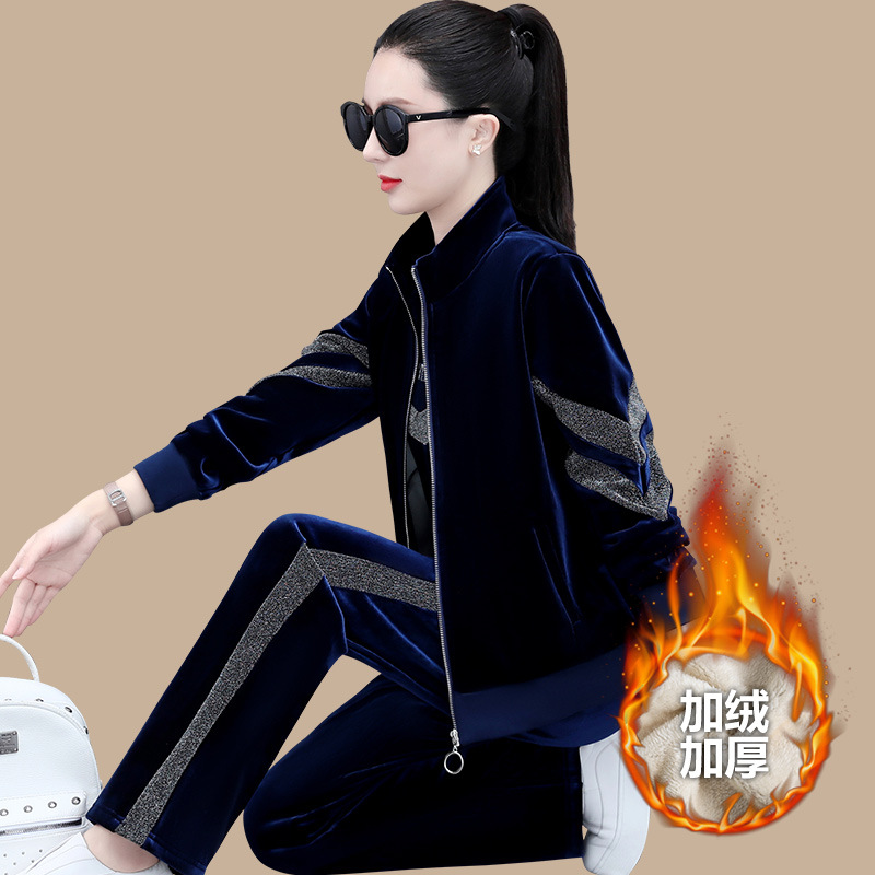 金丝绒运动服套装女秋冬季2022新款时尚女士加绒加厚休闲三件套冬