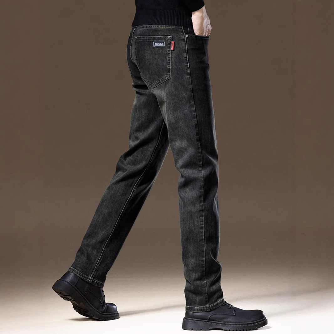 高端黑灰色复古商务牛仔裤男冬季加绒修身小脚休闲直筒长裤子男潮