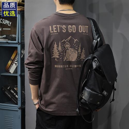 2025春秋新款纯棉印花长袖t恤男宽松大码圆领打底衫美式潮牌卫衣