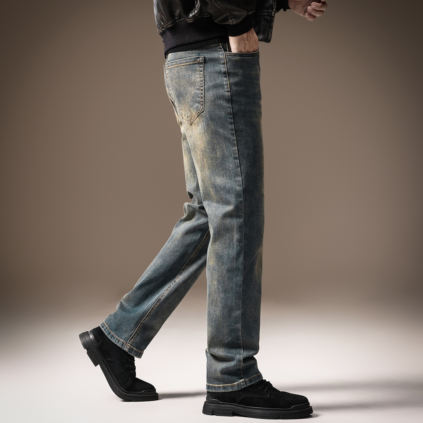 高端潮流纳米黄舒适透气牛仔裤男夏季美式复古商务微弹宽松休闲裤