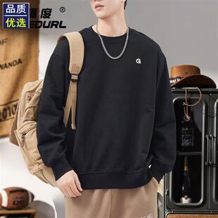 美式 上衣男T恤春 休闲黑色太空棉卫衣无帽圆领空气层宽松打底长袖