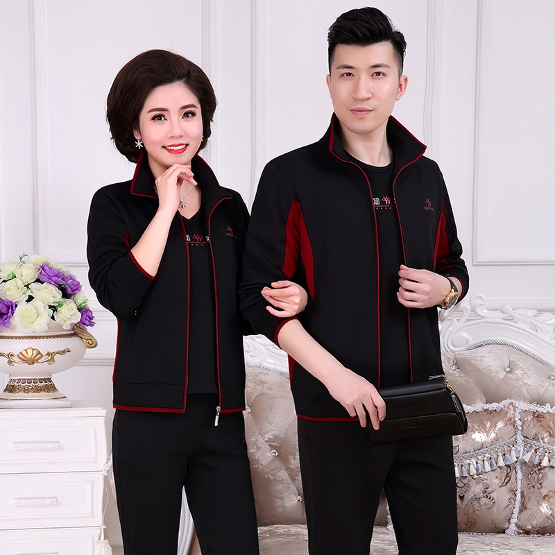 春秋中老年情侣运动套装加肥大码宽松团体服妈妈装休闲套装三件套