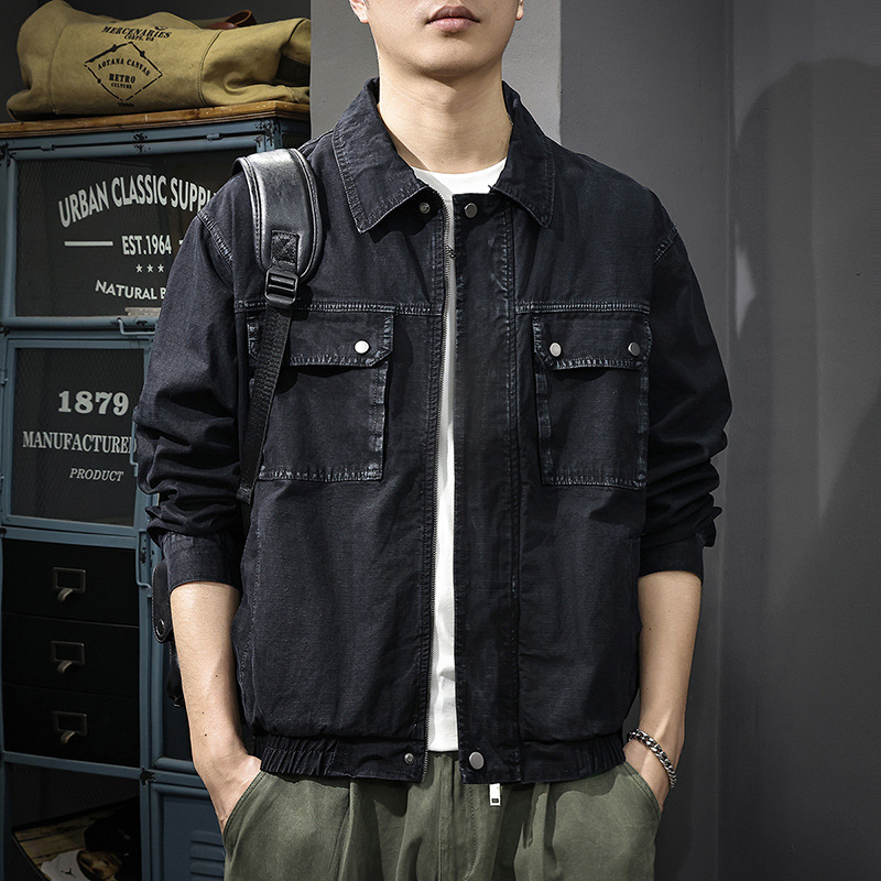 2025秋季新款辑明线口袋水洗长袖工装夹克男宽松大码翻领上衣外套
