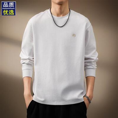 高端250g简约刺绣长袖T恤男春秋新款美式上衣宽松圆领白色打底衫