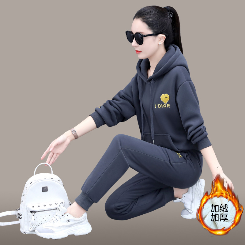 冬天加绒运动服套装女秋冬款22洋气连帽卫衣加厚时尚休闲两件套
