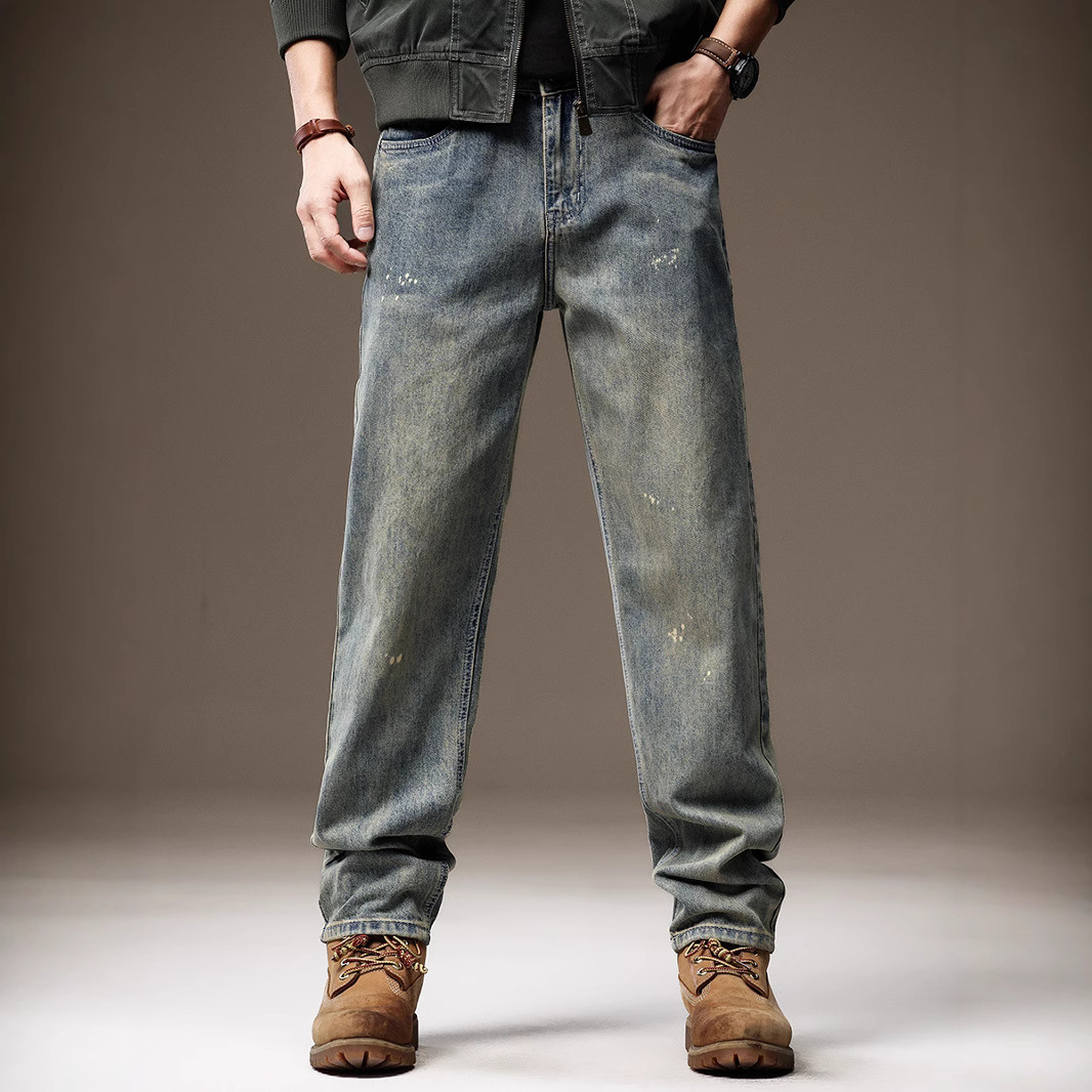 日系复古泼墨直筒牛仔裤男
