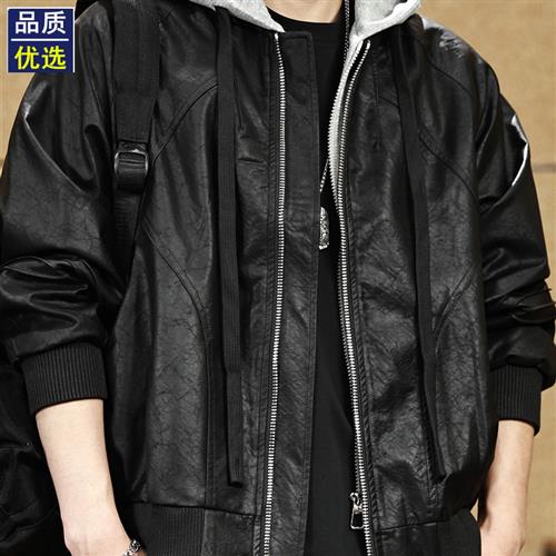 春秋PU皮连帽假两件棒球服外套男美式覆古bomber宽松飞行夹克上衣
