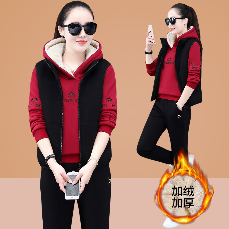 冬季运动套装女加厚加绒休闲服2022新款秋冬韩版时尚卫衣三件套女