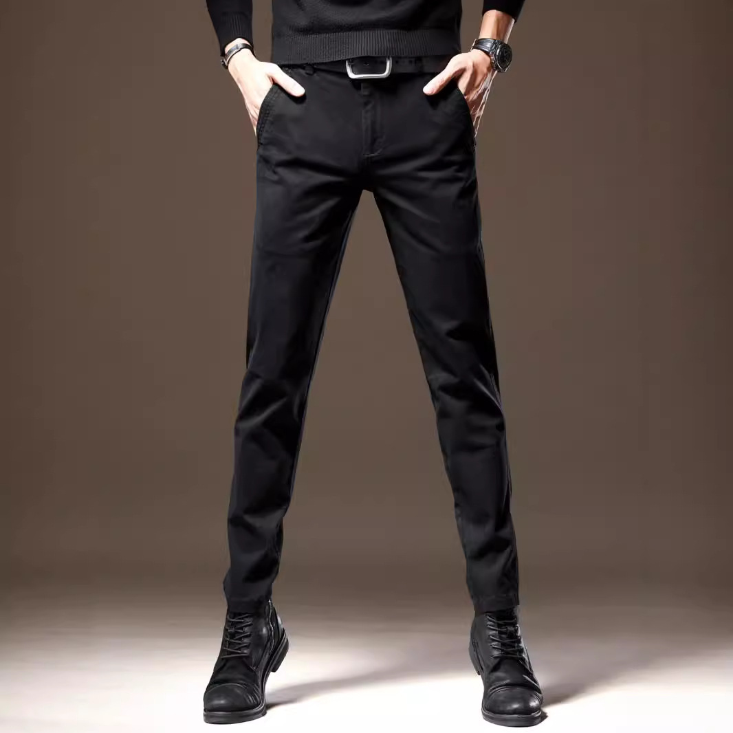 LeeDi高端纯棉黑色男士西裤秋季简约百搭弹力修身直筒商务休闲裤