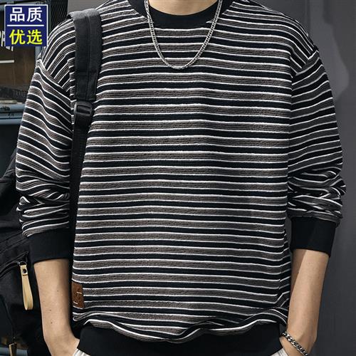 潮流覆古条纹撞色长袖卫衣男2025秋季新款宽松休闲圆领痞帅海魂衫