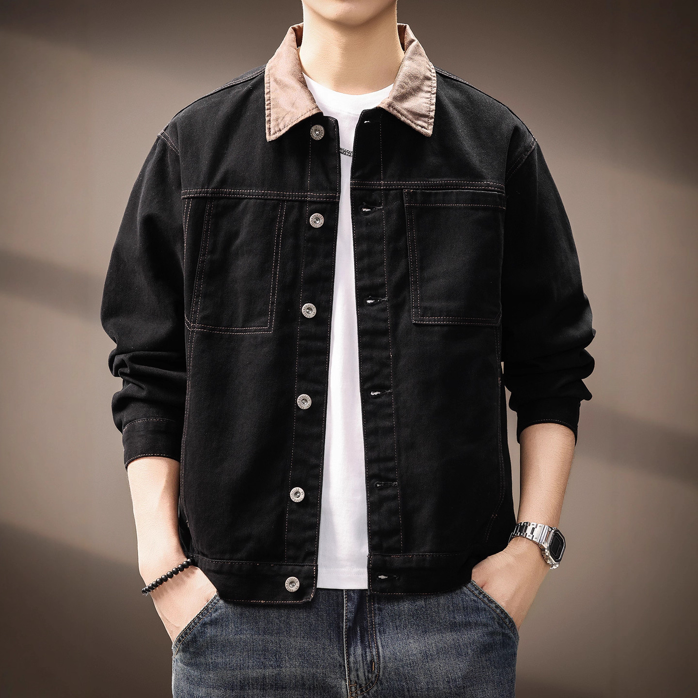 美式拼色巴恩风牛仔外套男