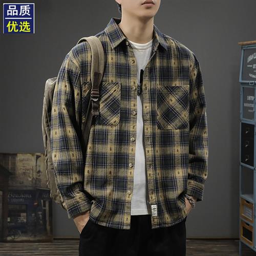 春季纯棉复古格子长袖衬衫男宽松潮牌痞帅英伦风休闲衬衣大码外套