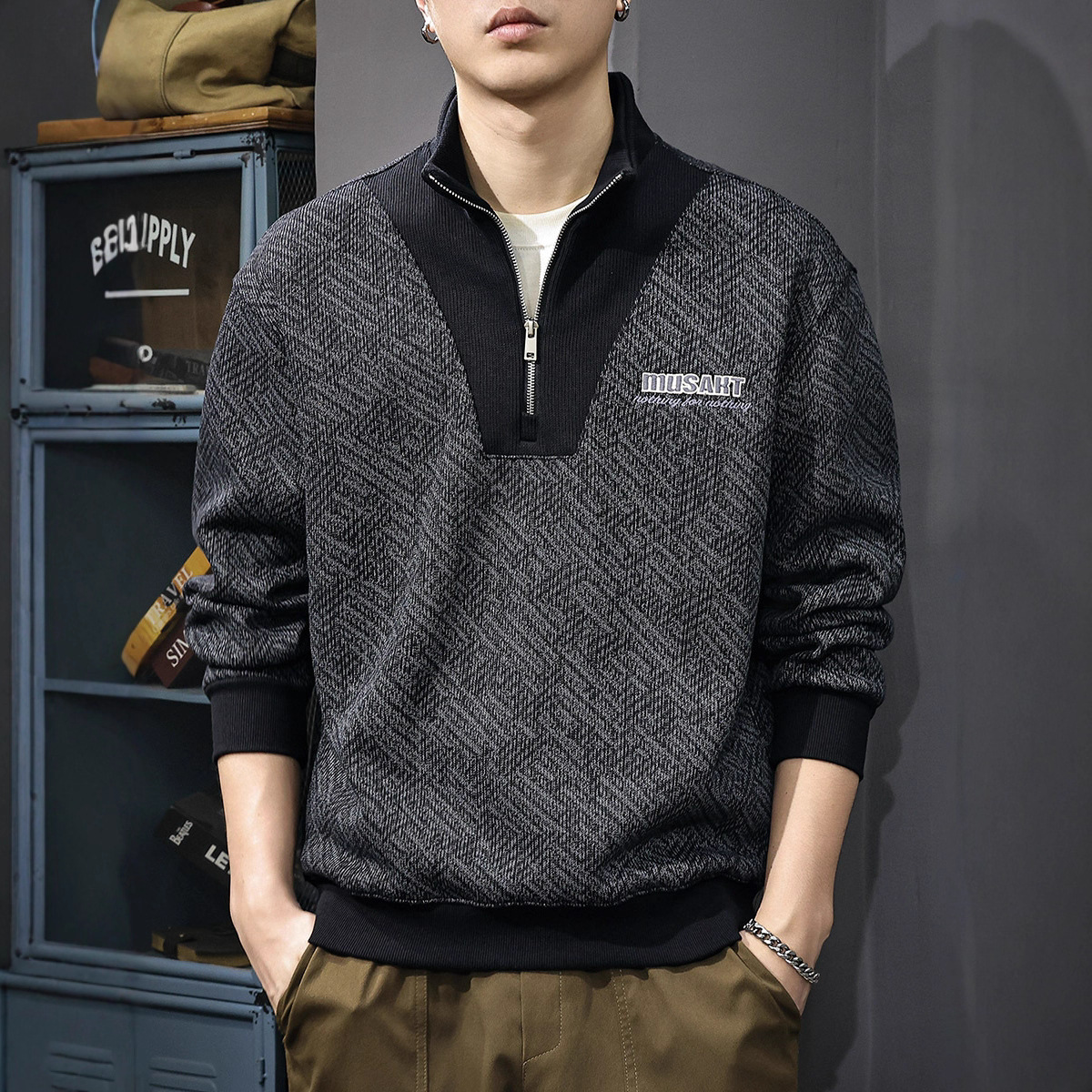 日系复古半拉链宽松卫衣男