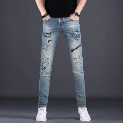 香港品牌刺绣修身牛仔长裤