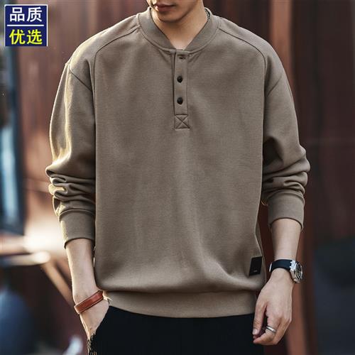 高端日系复古重磅亨利领男士卫衣宽松2024秋季加绒打底衫男