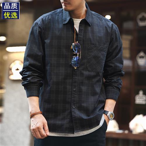 高端美式复古潮牌纯棉格子衬衫男春秋宽松痞帅长袖衬衣外套