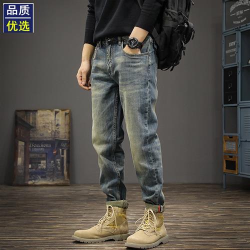 高端美式潮牌复古水洗牛仔裤男修身直筒弹力小脚裤春季锥形长裤子