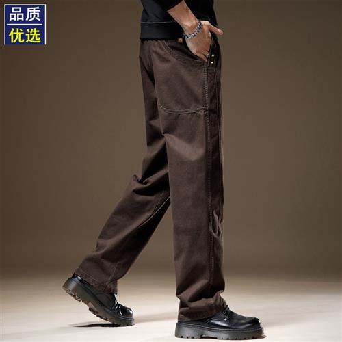 高端美式复古咖啡色工装裤子男春秋新款宽松新款阔腿直筒休闲裤男