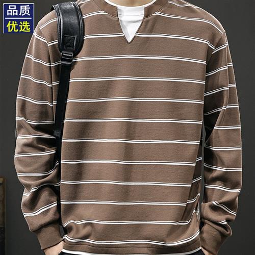 美式覆古肌理感条纹V领卫衣男2025新款宽松休闲重磅假两件长袖T恤