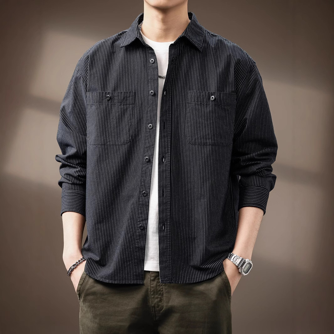 高端日系条纹长袖衬衫男