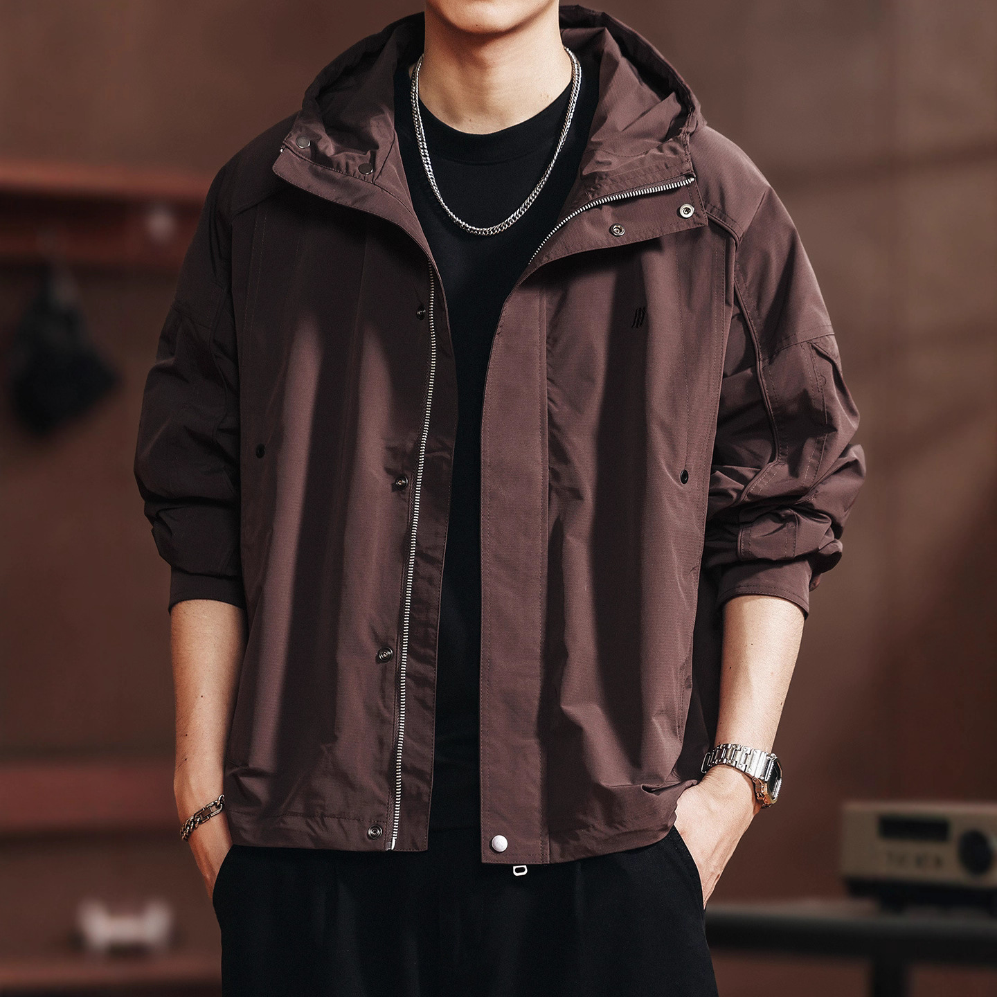 美式复古防风连帽冲锋衣男