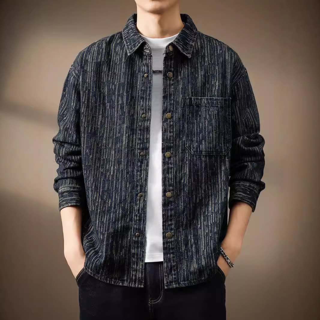 高端美式复古提花牛仔衬衫男