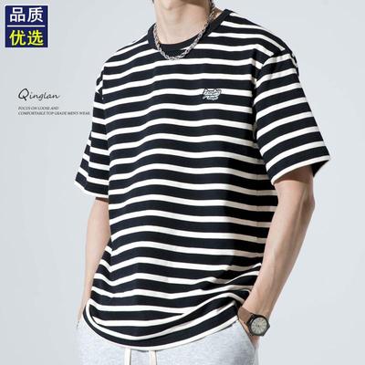 黑白条纹短袖t恤男潮牌宽松大码日系重磅休闲设计感小众体恤夏季
