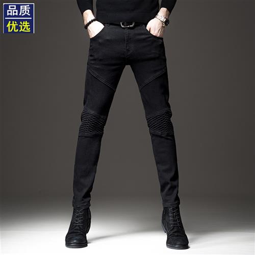 高街潮牌机车螺纹纯黑色牛仔裤男士春秋修身小脚弹力休闲长裤子男