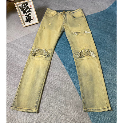 美式复古破洞补丁牛仔裤男潮牌黄泥染水洗做旧长裤子修身小脚直筒